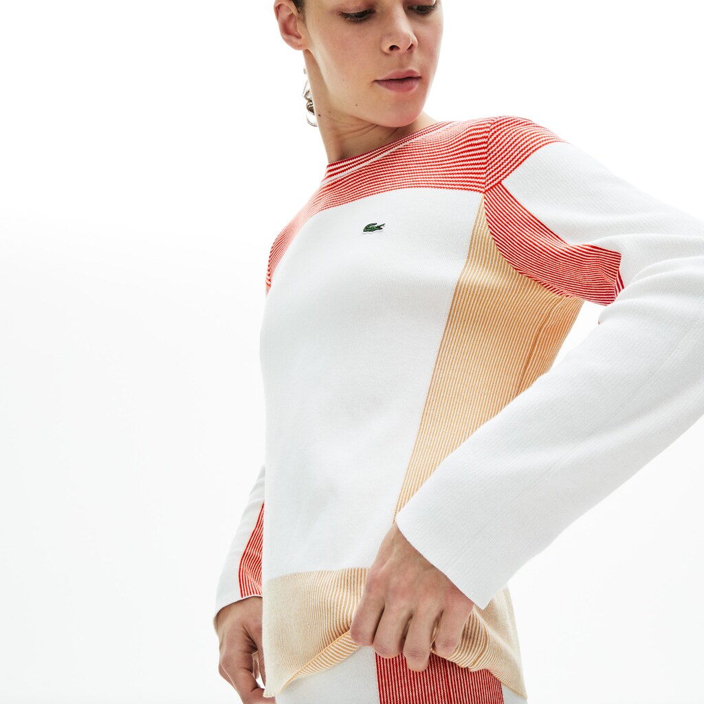 Womens Wo  Colorblock Knit Crew Neck Sweater | Lacoste White / Light Brown / Red • R4L