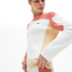 Womens Wo  Colorblock Knit Crew Neck Sweater | Lacoste White / Light Brown / Red • R4L