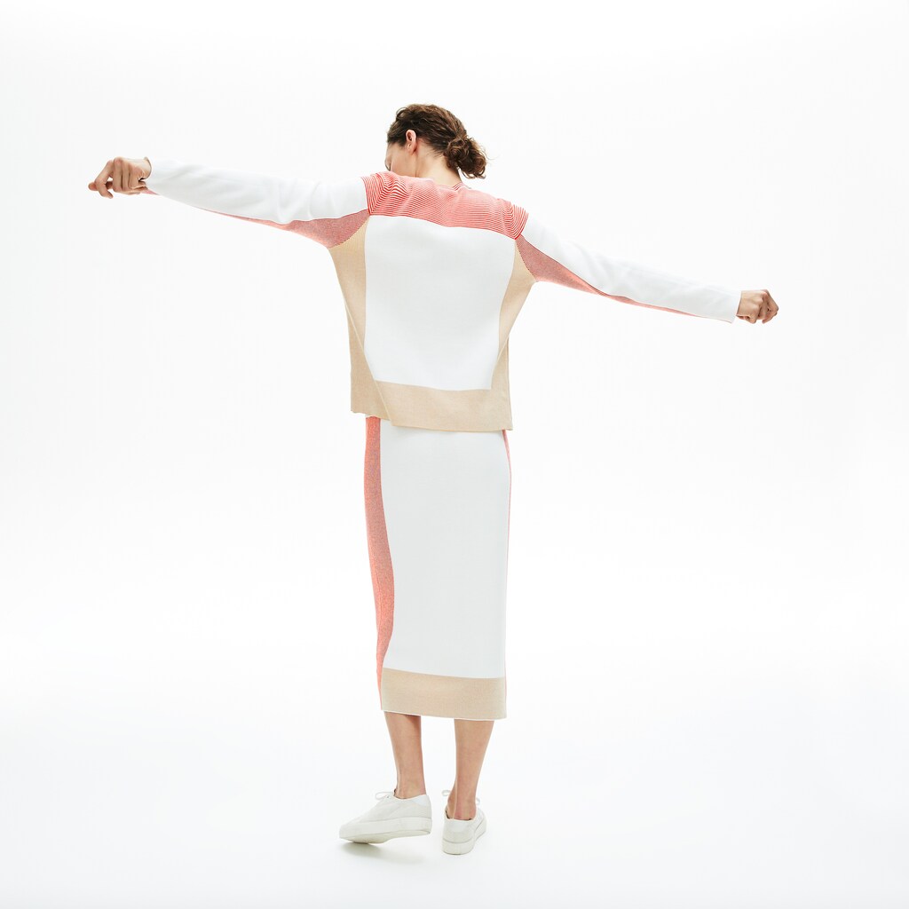 Womens Wo  Colorblock Knit Crew Neck Sweater | Lacoste White / Light Brown / Red • R4L