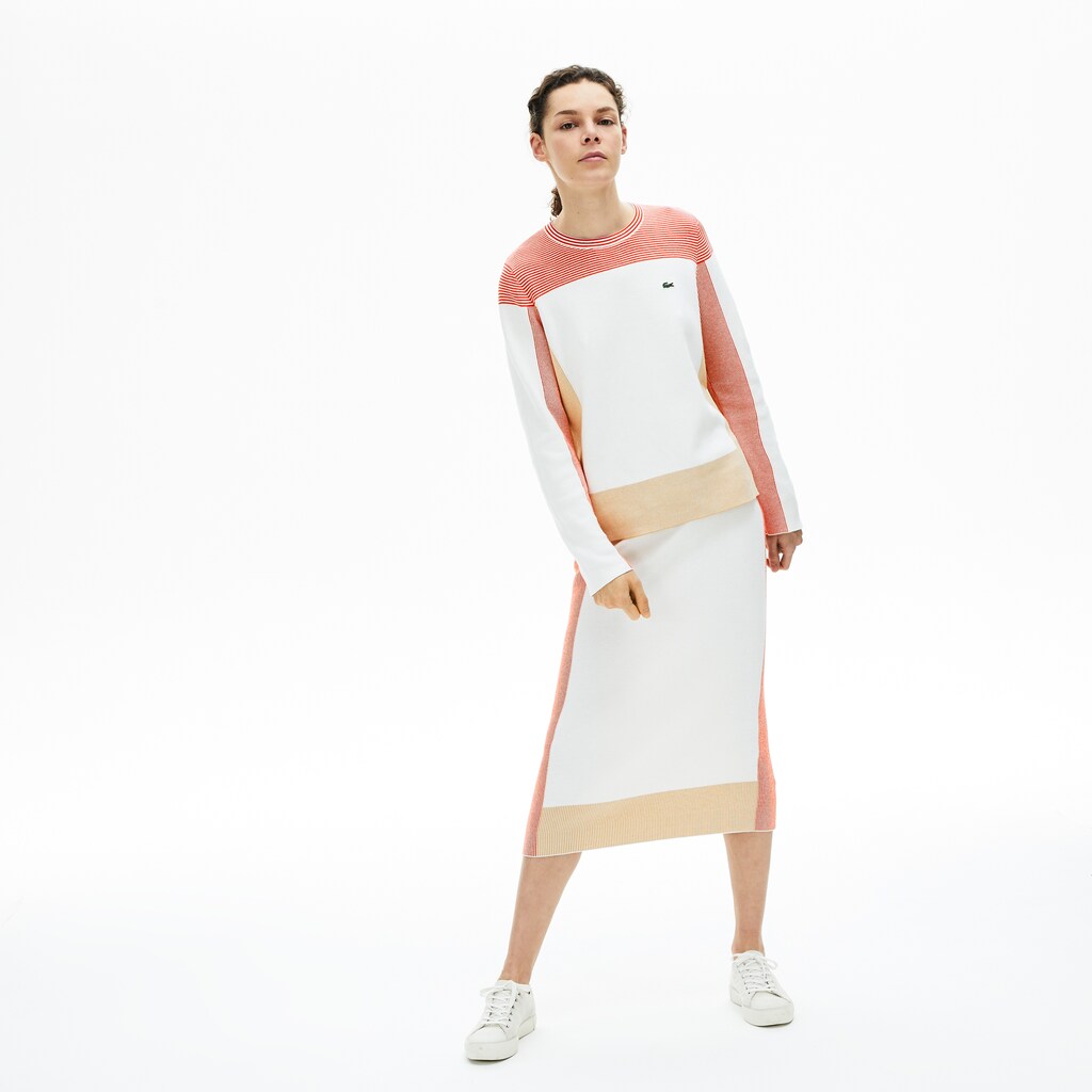 Womens Wo  Colorblock Knit Crew Neck Sweater | Lacoste White / Light Brown / Red • R4L
