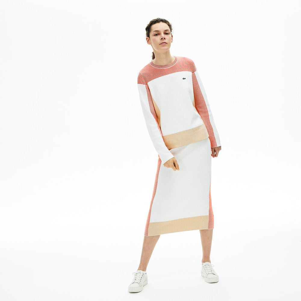 Womens Wo  Colorblock Knit Crew Neck Sweater | Lacoste White / Light Brown / Red • R4L