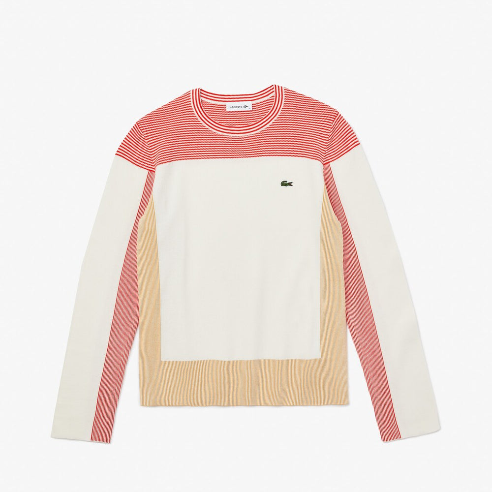 Womens Wo  Colorblock Knit Crew Neck Sweater | Lacoste White / Light Brown / Red • R4L