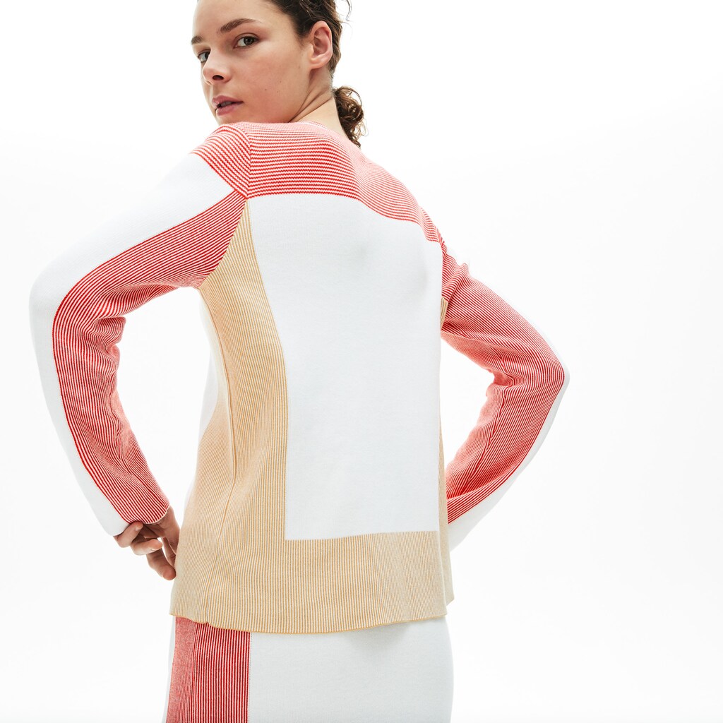 Womens Wo  Colorblock Knit Crew Neck Sweater | Lacoste White / Light Brown / Red • R4L