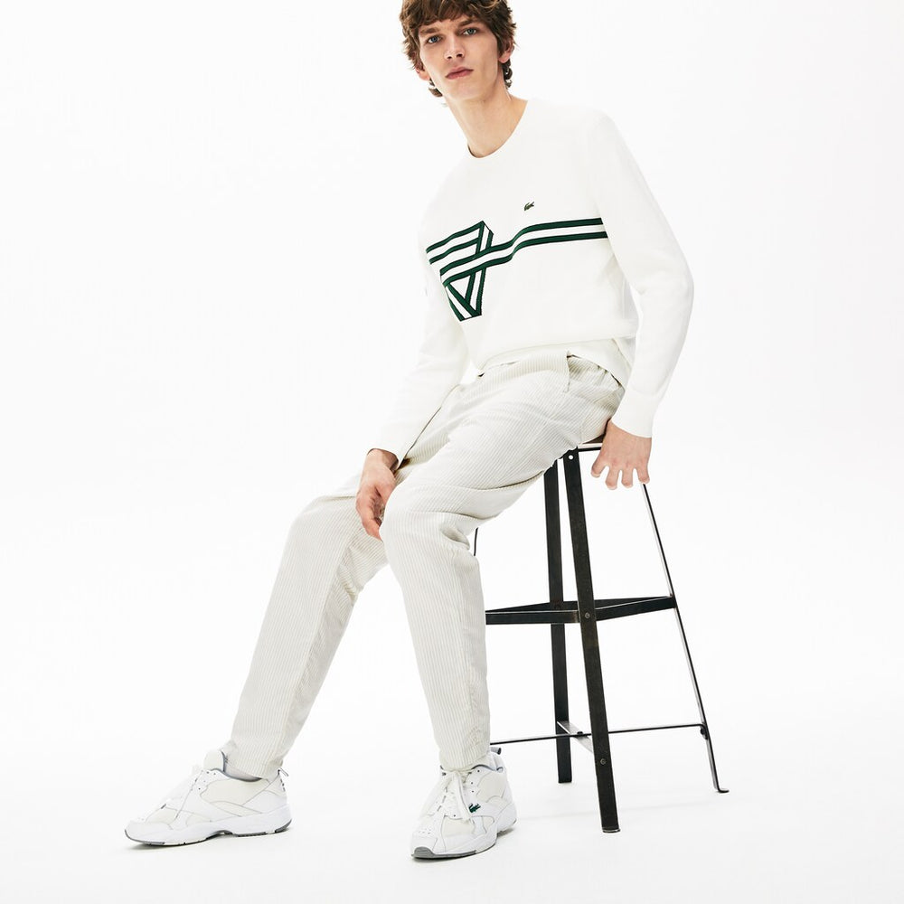 Mens   Fine Striped Cotton- Linen Chinos | Lacoste White / Dark Grey • Ult