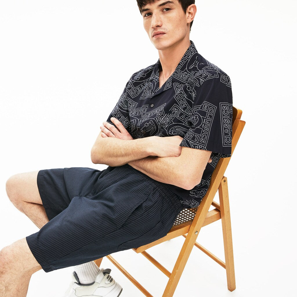 Mens   Pinstriped Linen- Blend Bermuda Shorts | Lacoste Navy Blue / White • M5C