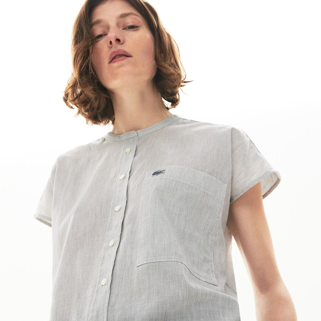 Womens Wo  Striped Linen And Cotton Blend Shirt | Lacoste White / Navy Blue • Ev0