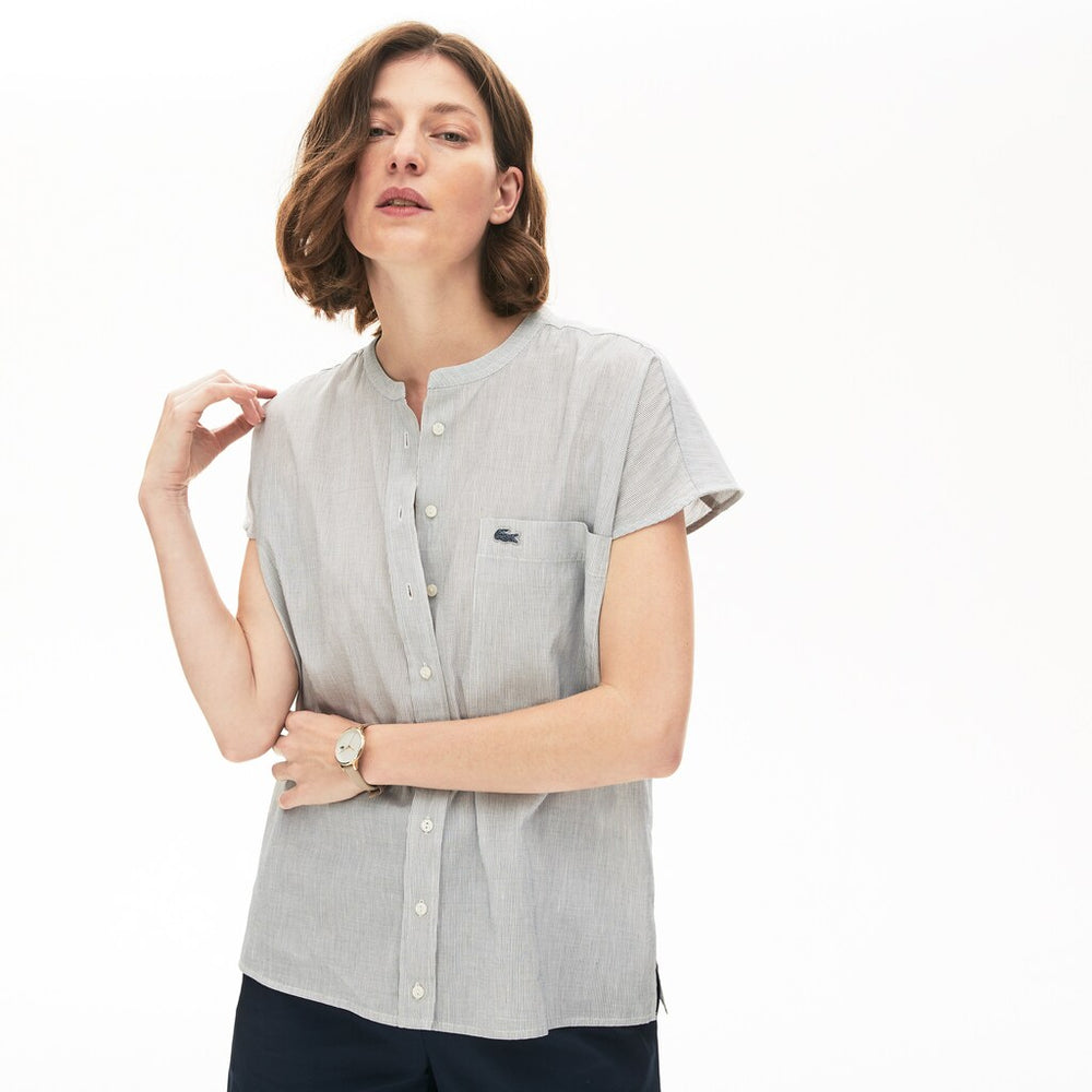 Womens Wo  Striped Linen And Cotton Blend Shirt | Lacoste White / Navy Blue • Ev0