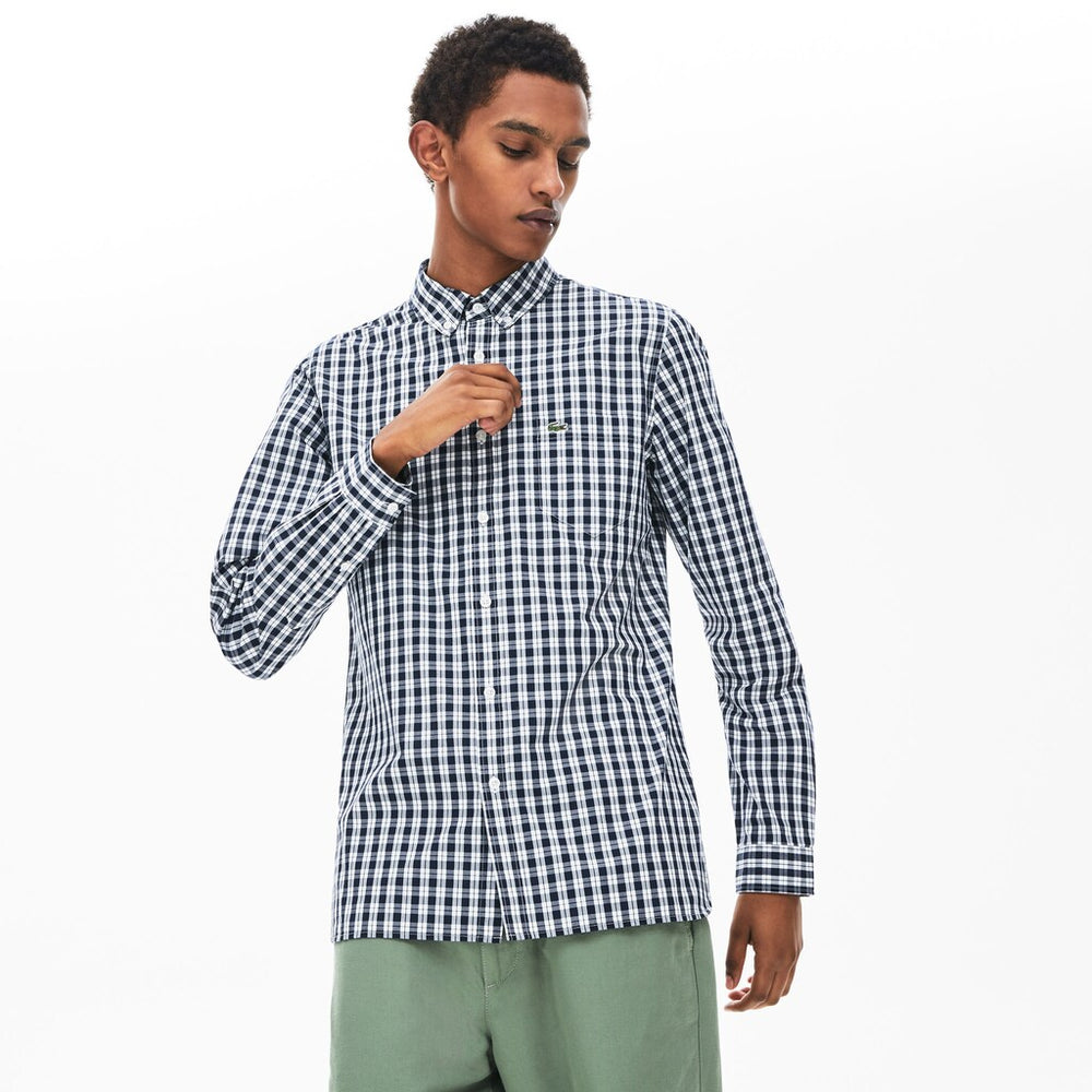 Mens   Slim Fit Long-Sleeve Wool Shirt | Lacoste White / Navy Blue • 522