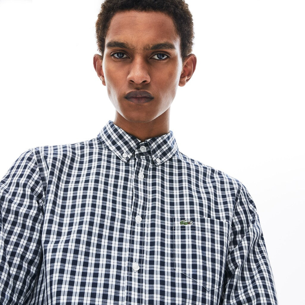 Mens   Slim Fit Long-Sleeve Wool Shirt | Lacoste White / Navy Blue • 522