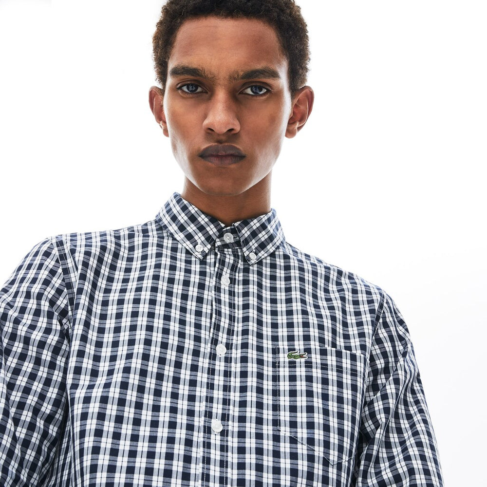 Mens   Slim Fit Long-Sleeve Wool Shirt | Lacoste White / Navy Blue • 522