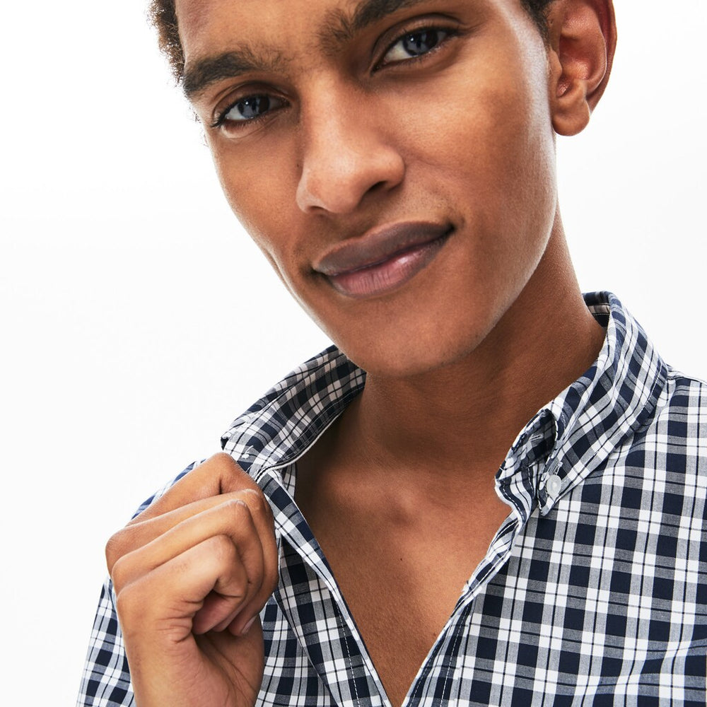 Mens   Slim Fit Long-Sleeve Wool Shirt | Lacoste White / Navy Blue • 522