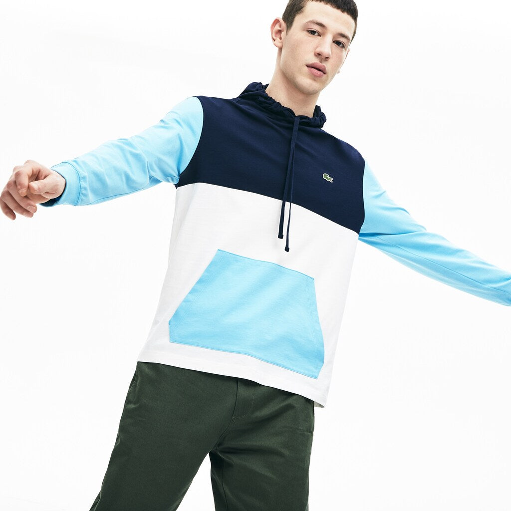 Mens   Relaxed Fit Colorblock Hooded T-shirt | Lacoste White / Navy Blue / Light Blue • R1P