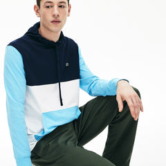 Mens   Relaxed Fit Colorblock Hooded T-shirt | Lacoste White / Navy Blue / Light Blue • R1P