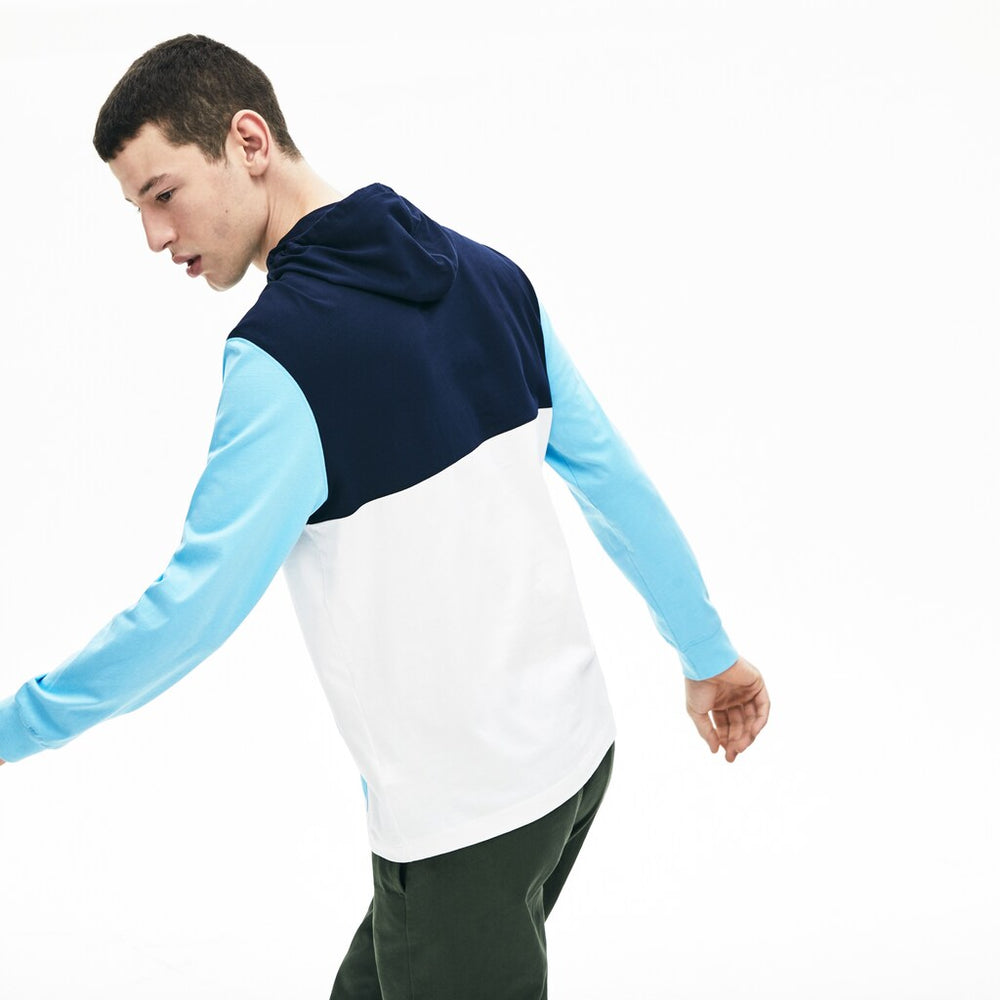 Mens   Relaxed Fit Colorblock Hooded T-shirt | Lacoste White / Navy Blue / Light Blue • R1P