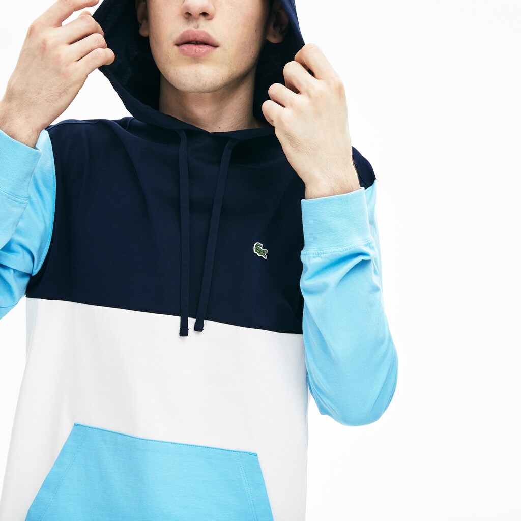 Mens   Relaxed Fit Colorblock Hooded T-shirt | Lacoste White / Navy Blue / Light Blue • R1P