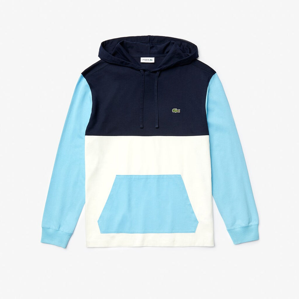 Mens   Relaxed Fit Colorblock Hooded T-shirt | Lacoste White / Navy Blue / Light Blue • R1P
