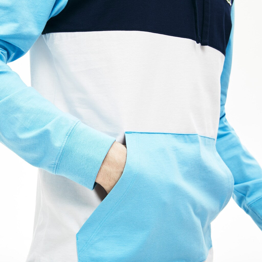 Mens   Relaxed Fit Colorblock Hooded T-shirt | Lacoste White / Navy Blue / Light Blue • R1P