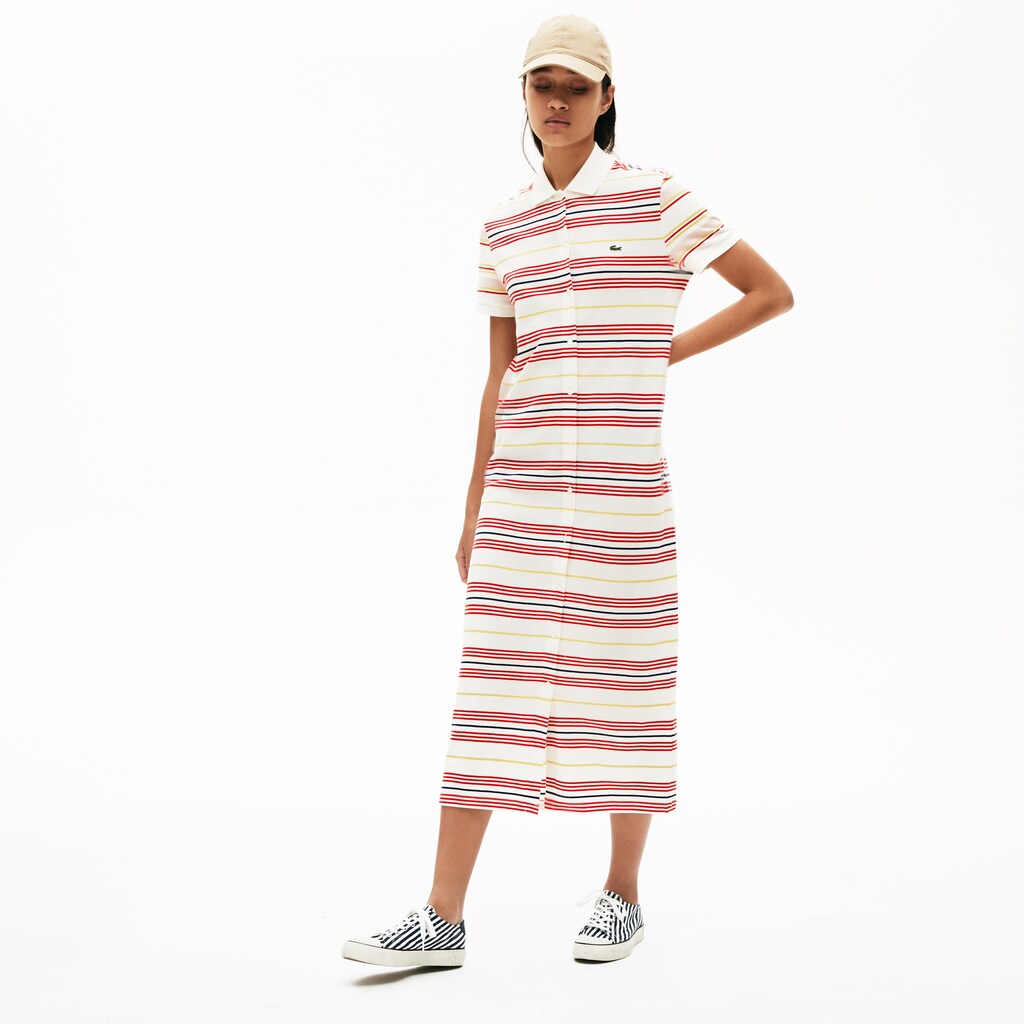 Womens Wo  Striped Cotton Buttoned Polo Dress | Lacoste White / Red / Yellow / Navy Blue / Light Pink • R4P