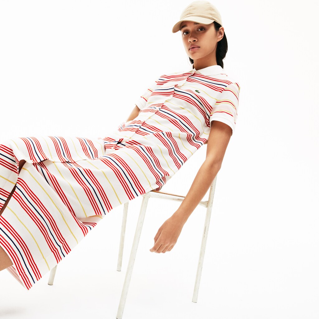 Womens Wo  Striped Cotton Buttoned Polo Dress | Lacoste White / Red / Yellow / Navy Blue / Light Pink • R4P