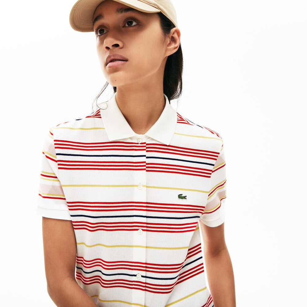 Womens Wo  Striped Cotton Buttoned Polo Dress | Lacoste White / Red / Yellow / Navy Blue / Light Pink • R4P