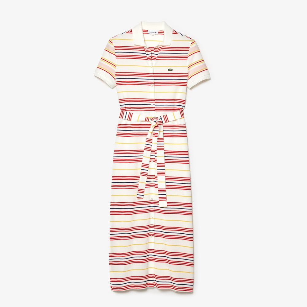 Womens Wo  Striped Cotton Buttoned Polo Dress | Lacoste White / Red / Yellow / Navy Blue / Light Pink • R4P