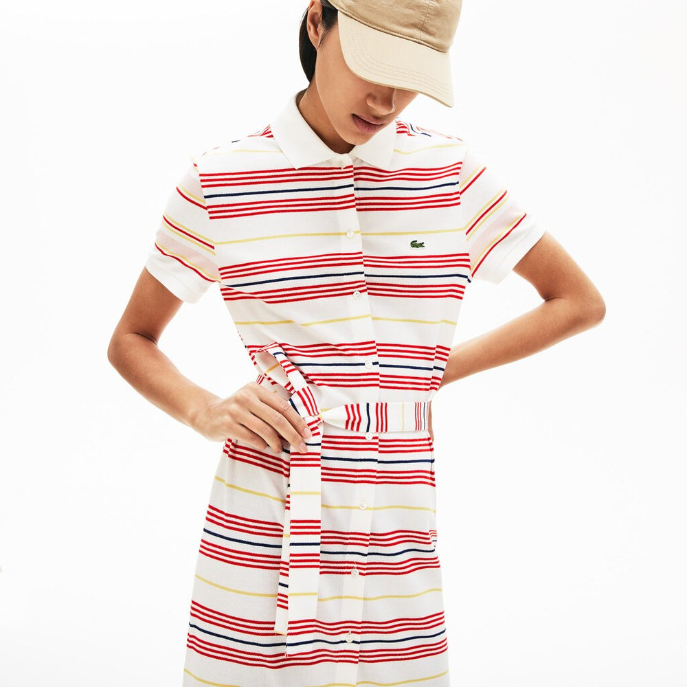 Womens Wo  Striped Cotton Buttoned Polo Dress | Lacoste White / Red / Yellow / Navy Blue / Light Pink • R4P
