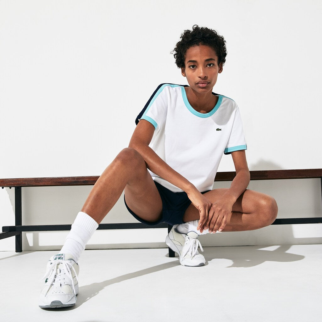 Womens Wo  SPORT Roland Garros Stretch Cotton T-Shirt | Lacoste White / Turquoise / Navy Blue • Yru