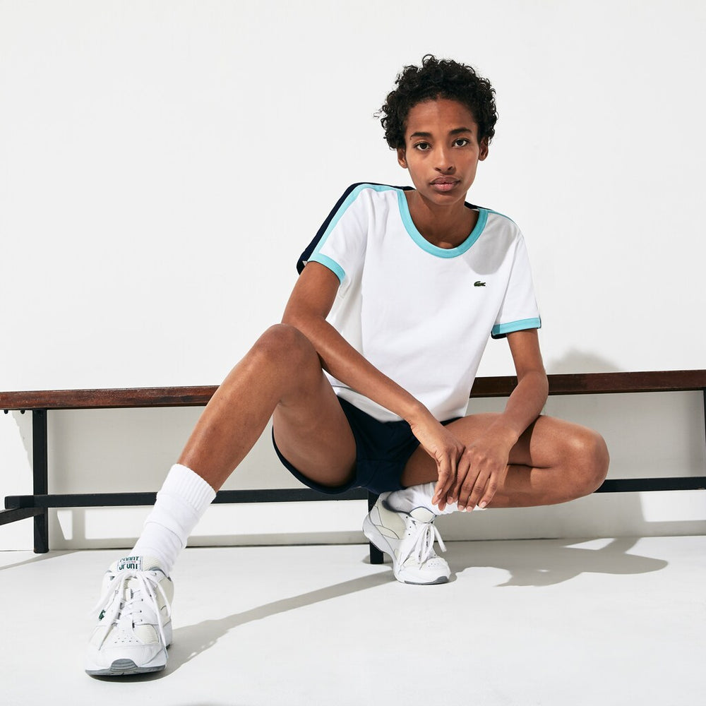Womens Wo  SPORT Roland Garros Stretch Cotton T-Shirt | Lacoste White / Turquoise / Navy Blue • Yru