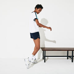 Womens Wo  SPORT Roland Garros Stretch Cotton T-Shirt | Lacoste White / Turquoise / Navy Blue • Yru