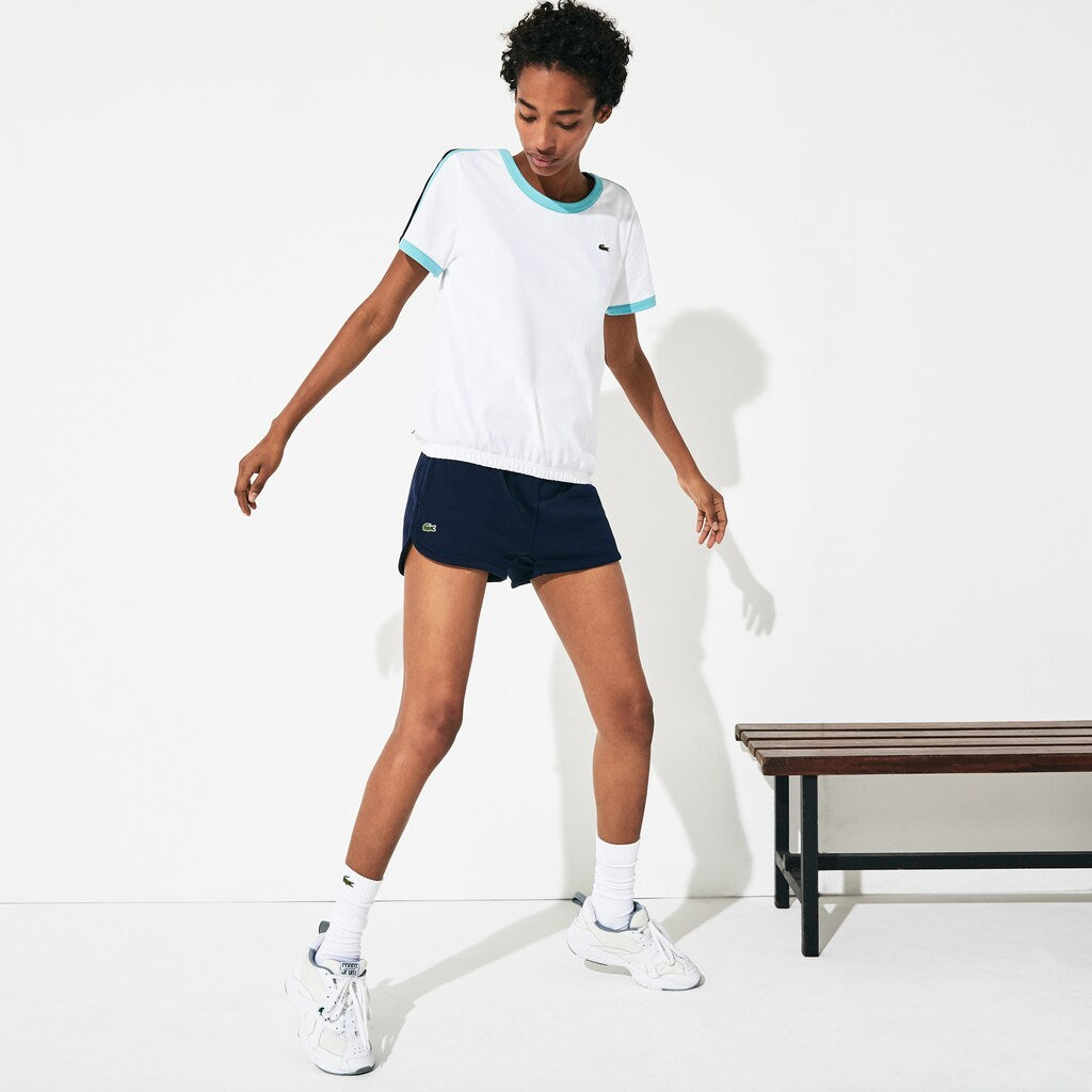 Womens Wo  SPORT Roland Garros Stretch Cotton T-Shirt | Lacoste White / Turquoise / Navy Blue • Yru