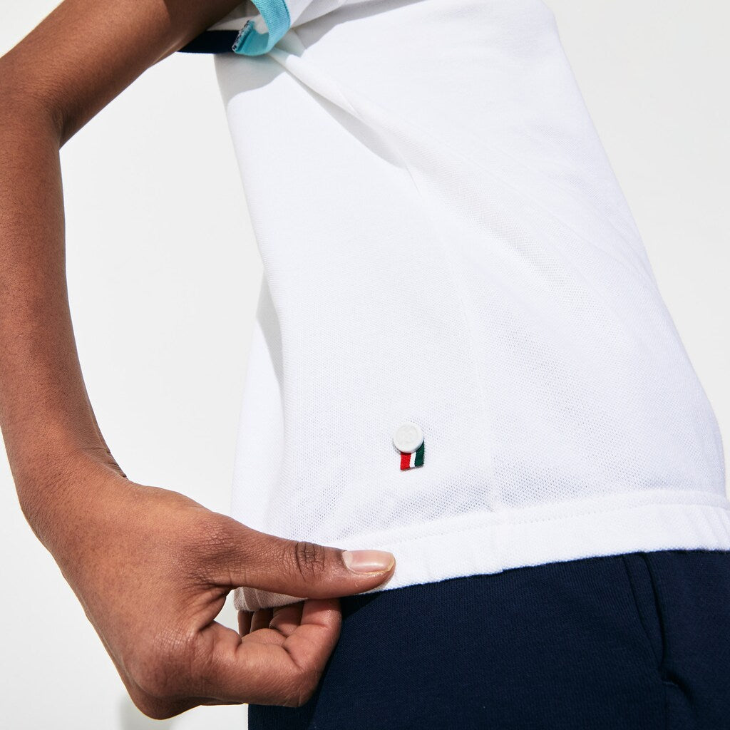 Womens Wo  SPORT Roland Garros Stretch Cotton T-Shirt | Lacoste White / Turquoise / Navy Blue • Yru
