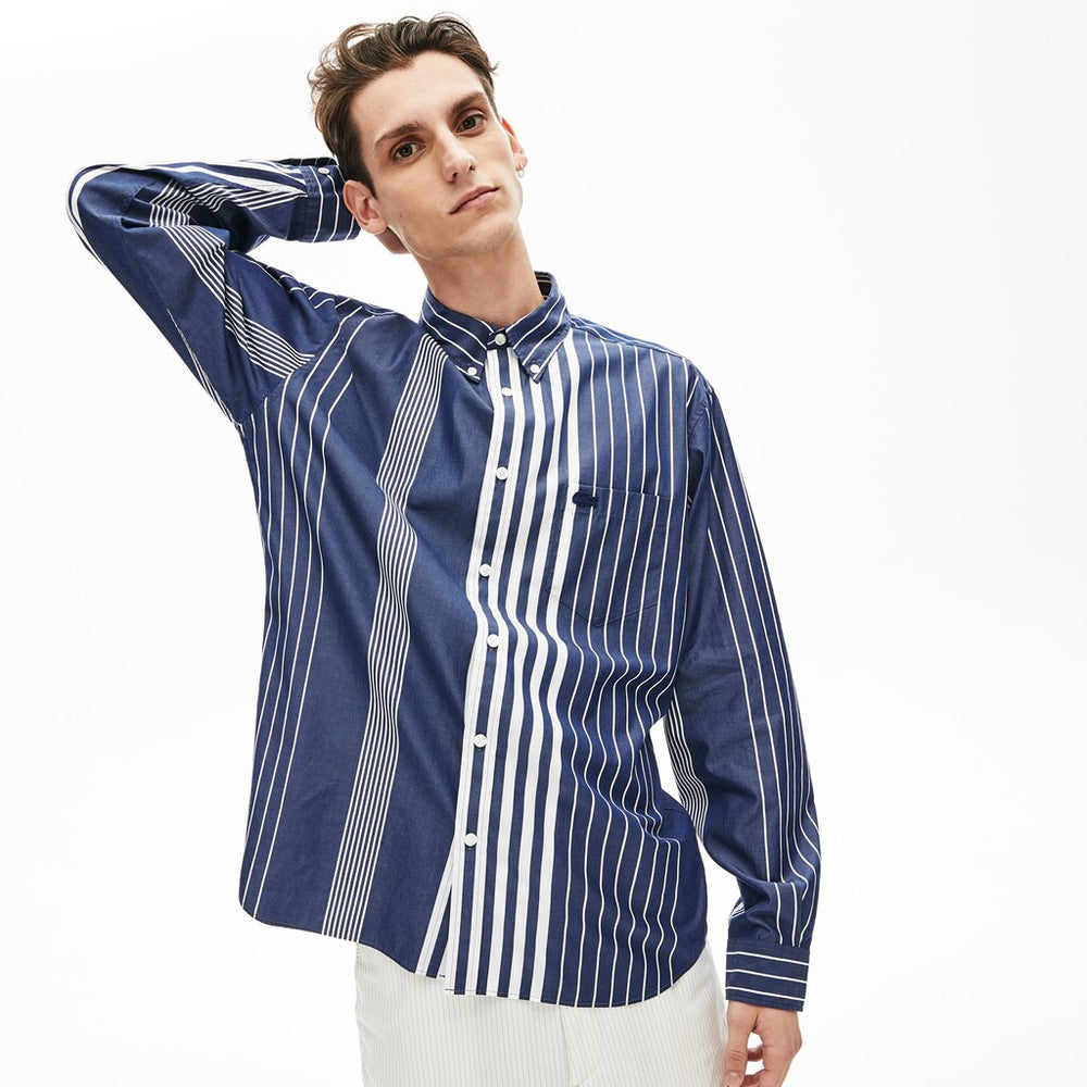 Mens   Variegated-Stripe Relaxed Cotton Shirt | Lacoste Navy Blue / White • Ru0
