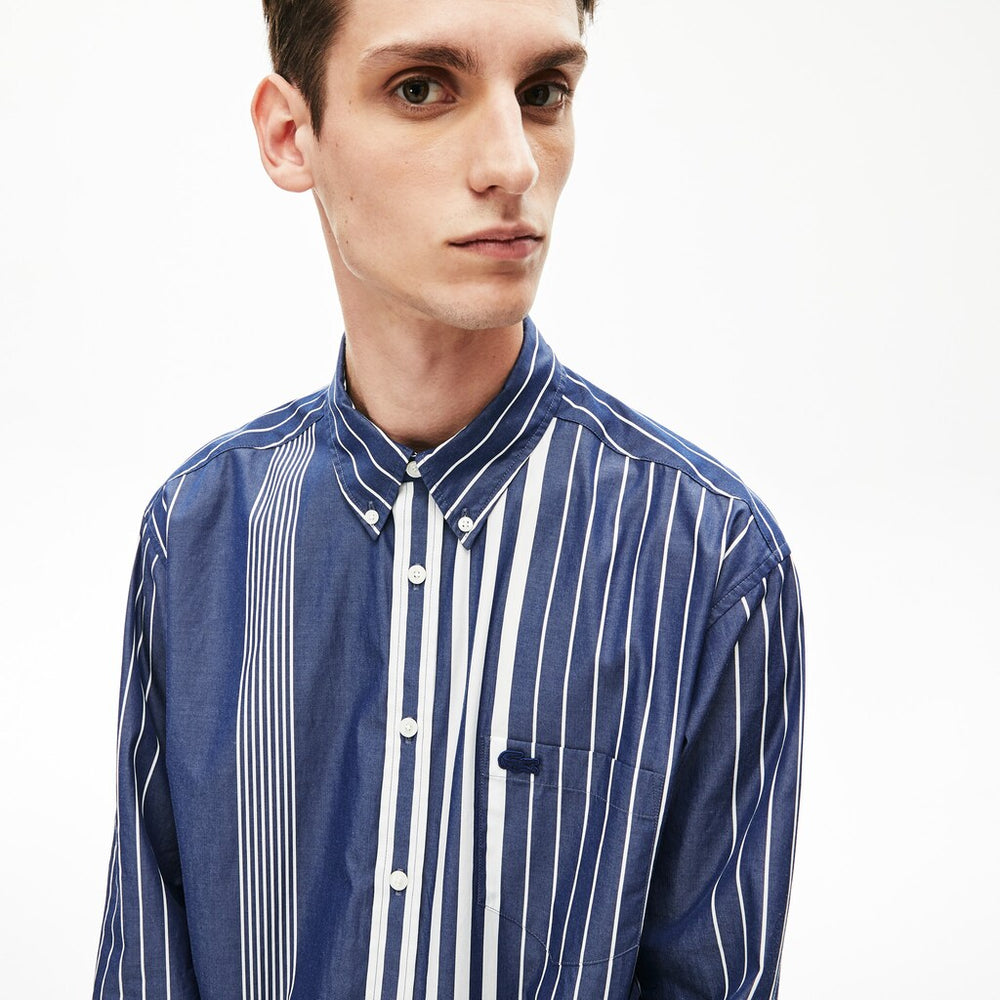 Mens   Variegated-Stripe Relaxed Cotton Shirt | Lacoste Navy Blue / White • Ru0