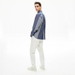 Mens   Variegated-Stripe Relaxed Cotton Shirt | Lacoste Navy Blue / White • Ru0