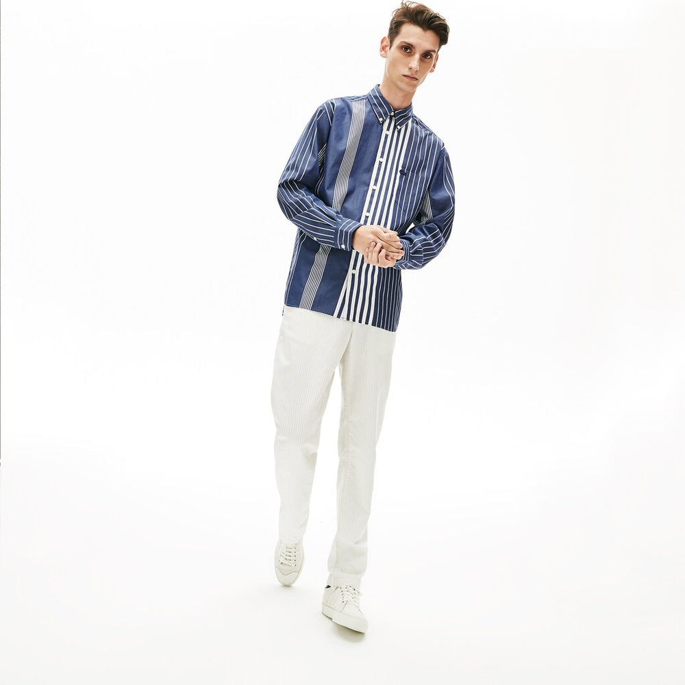 Mens   Variegated-Stripe Relaxed Cotton Shirt | Lacoste Navy Blue / White • Ru0