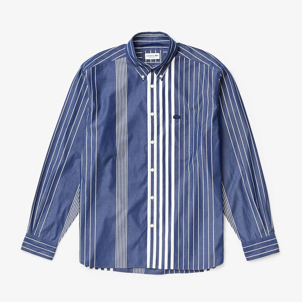 Mens   Variegated-Stripe Relaxed Cotton Shirt | Lacoste Navy Blue / White • Ru0