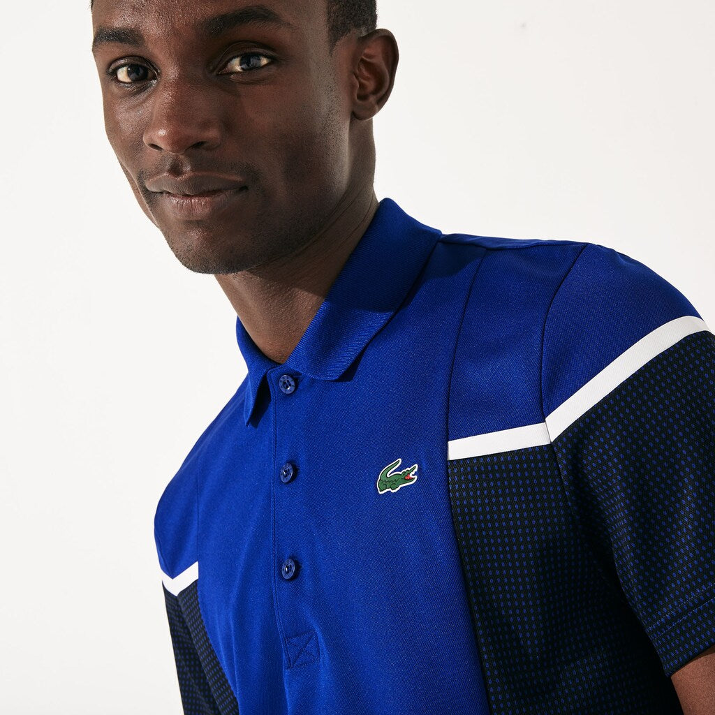 Mens   SPORT Mesh Panel Breathable Tennis Polo Shirt | Lacoste Blue / Black / White • Y59