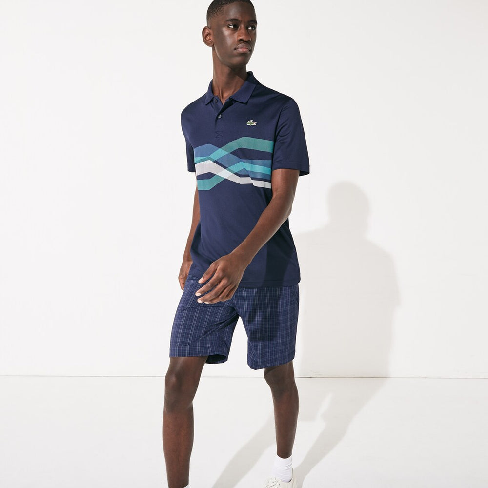 Mens   SPORT Graphic Breathable Golf Polo Shirt | Lacoste Navy Blue / Turquoise / Blue / White • Xsp
