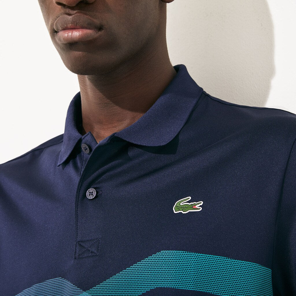 Mens   SPORT Graphic Breathable Golf Polo Shirt | Lacoste Navy Blue / Turquoise / Blue / White • Xsp