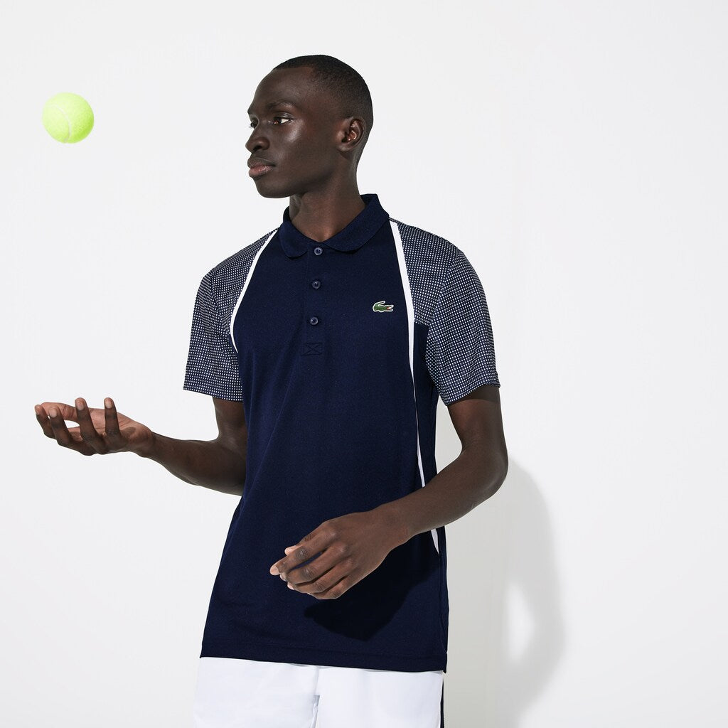 Mens   SPORT Mesh Sleeved Breathable Tennis Polo Shirt | Lacoste Navy Blue / White • R26