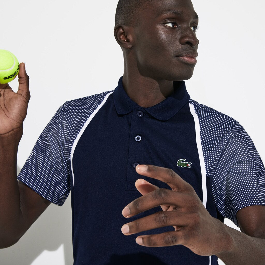 Mens   SPORT Mesh Sleeved Breathable Tennis Polo Shirt | Lacoste Navy Blue / White • R26