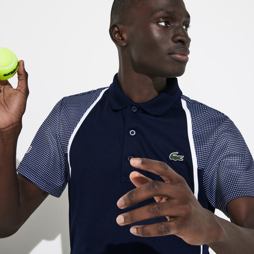 Mens   SPORT Mesh Sleeved Breathable Tennis Polo Shirt | Lacoste Navy Blue / White • R26
