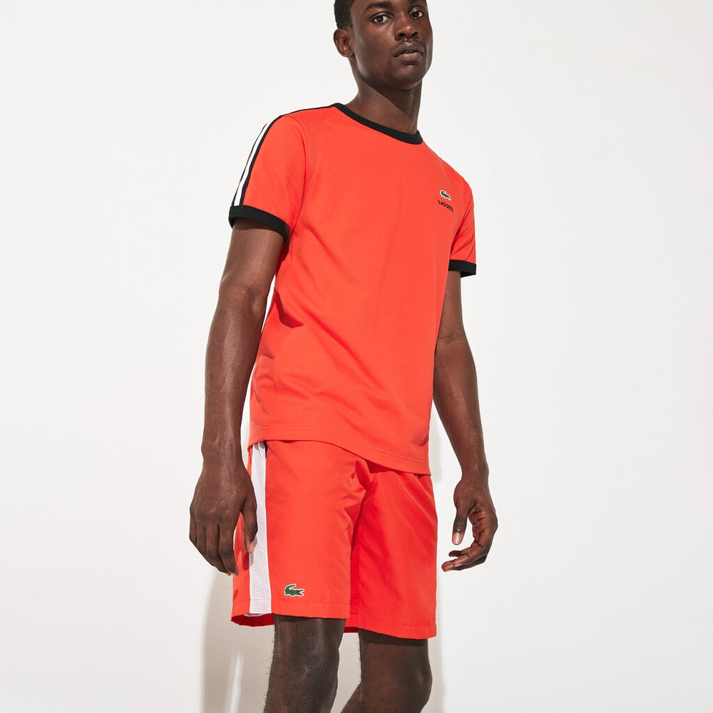 Mens   SPORT Contrast Bands Lightweight Tennis Shorts | Lacoste Red / White / Black • Gcr