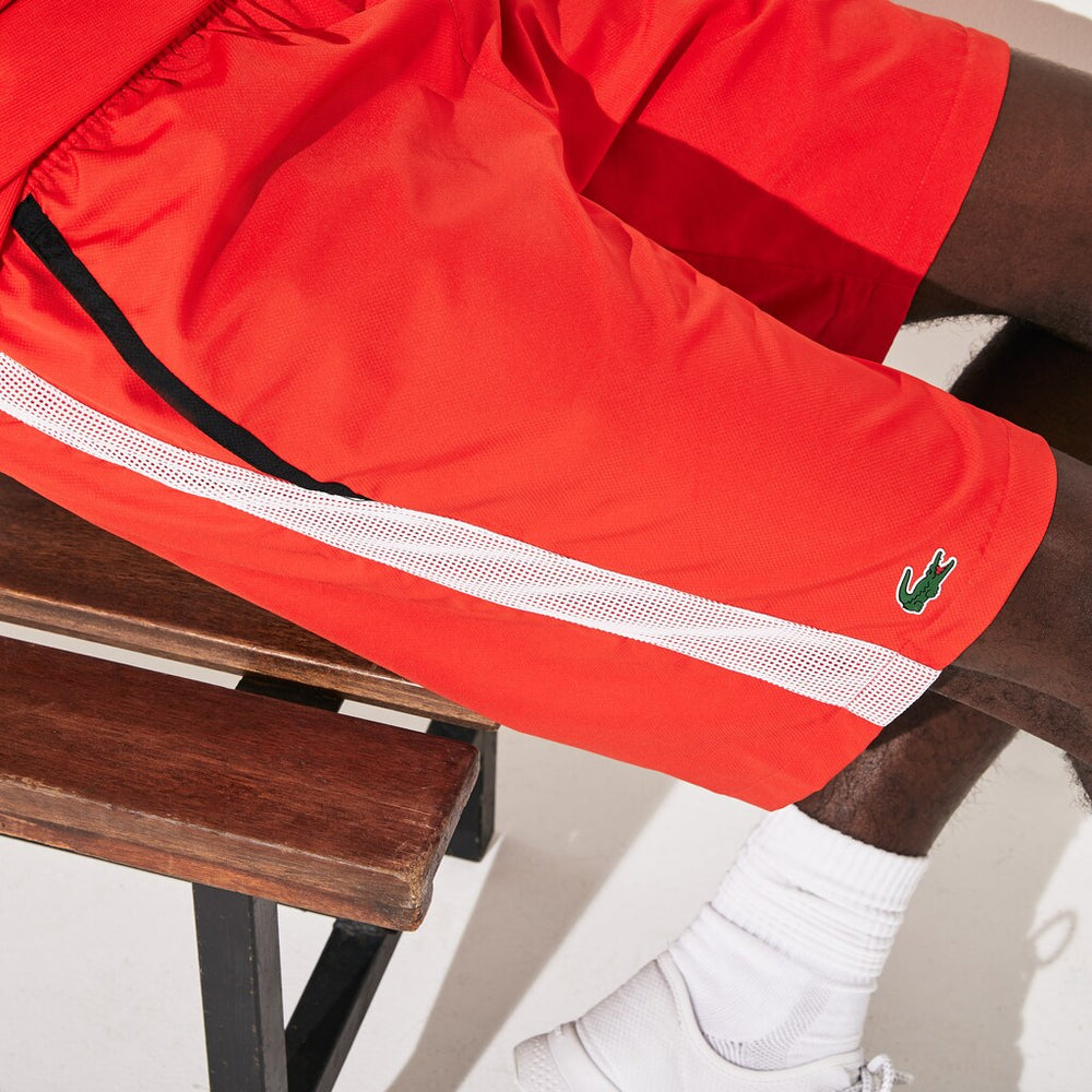 Mens   SPORT Contrast Bands Lightweight Tennis Shorts | Lacoste Red / White / Black • Gcr