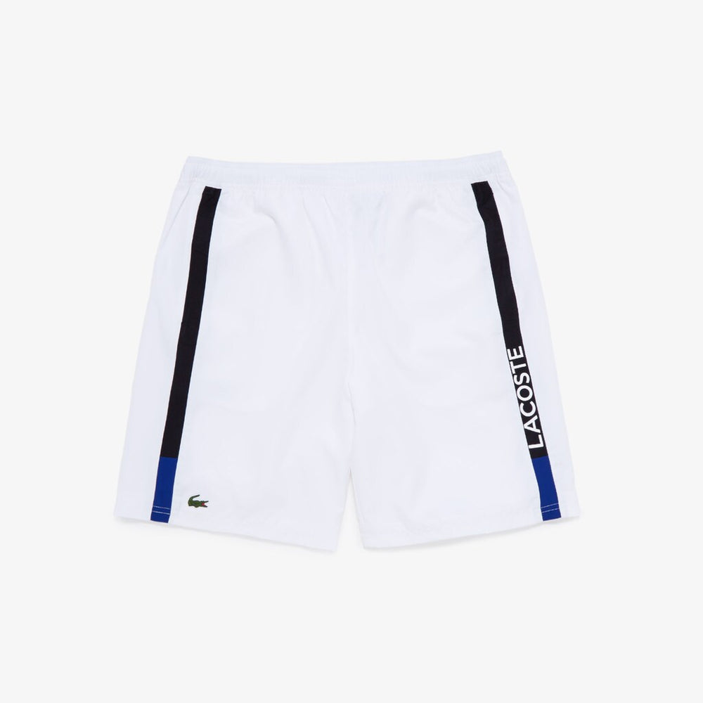Mens   SPORT Branded Contrast Striped Light Shorts | Lacoste White / Black / Blue • Pzb