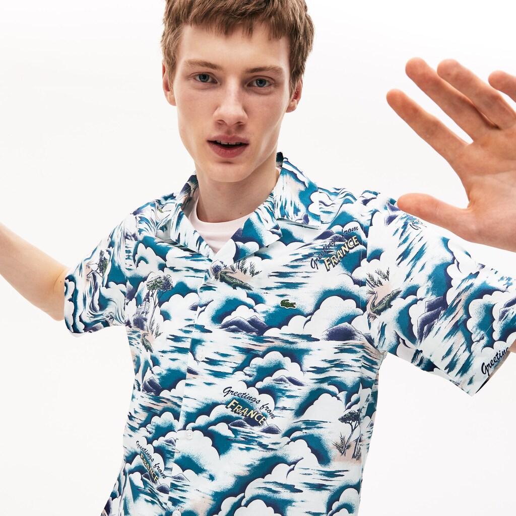 Mens   Southern France Print Cotton Hawaiian Fit Shirt | Lacoste Blue / Light Pink / White • Ruf