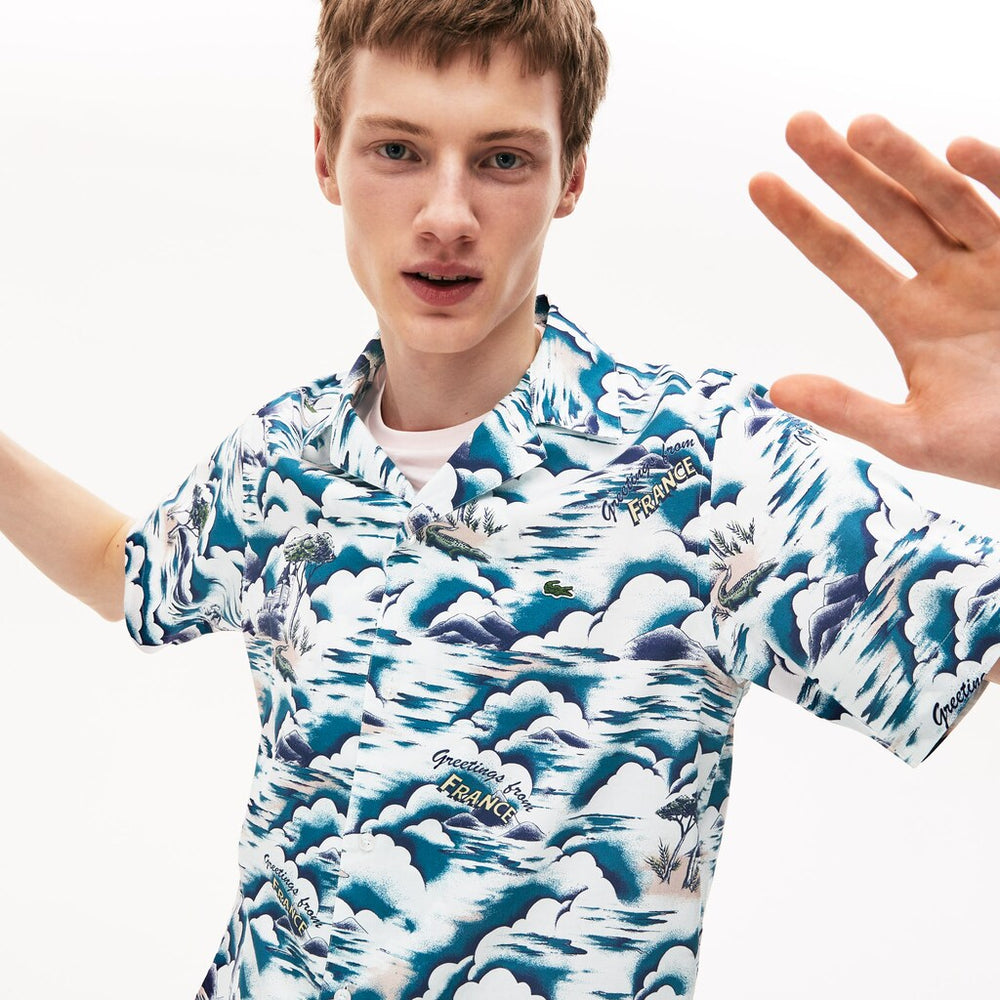 Mens   Southern France Print Cotton Hawaiian Fit Shirt | Lacoste Blue / Light Pink / White • Ruf