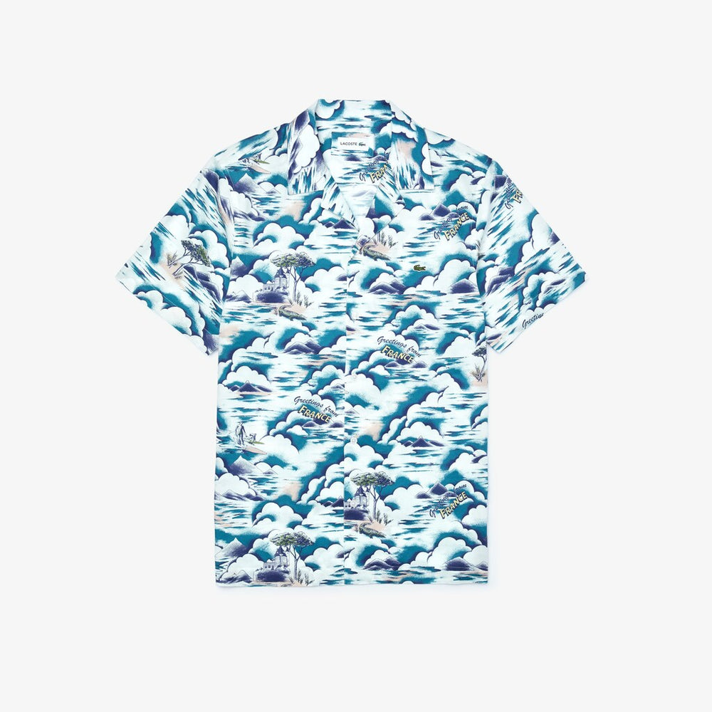 Mens   Southern France Print Cotton Hawaiian Fit Shirt | Lacoste Blue / Light Pink / White • Ruf