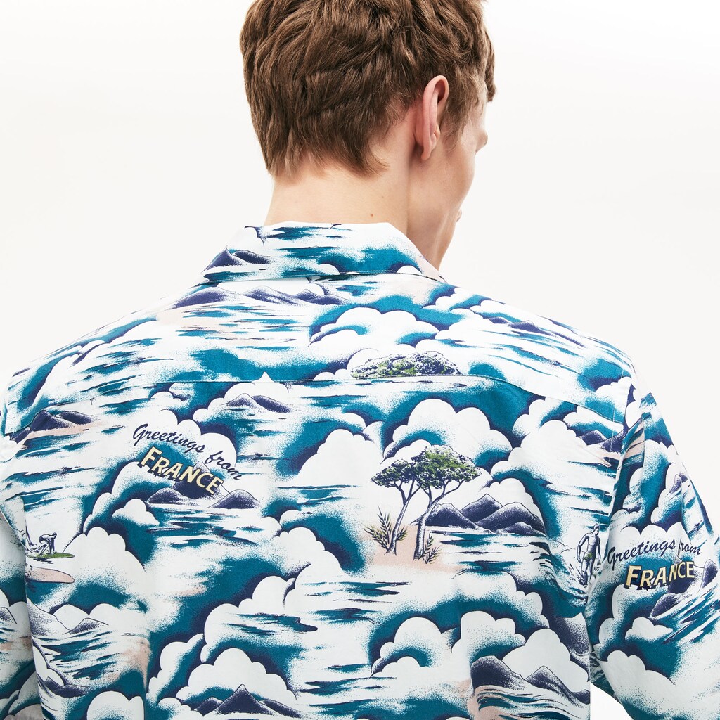 Mens   Southern France Print Cotton Hawaiian Fit Shirt | Lacoste Blue / Light Pink / White • Ruf