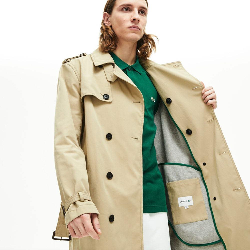Mens   Long Belted Cotton Trench Coat | Lacoste Beige • 02S
